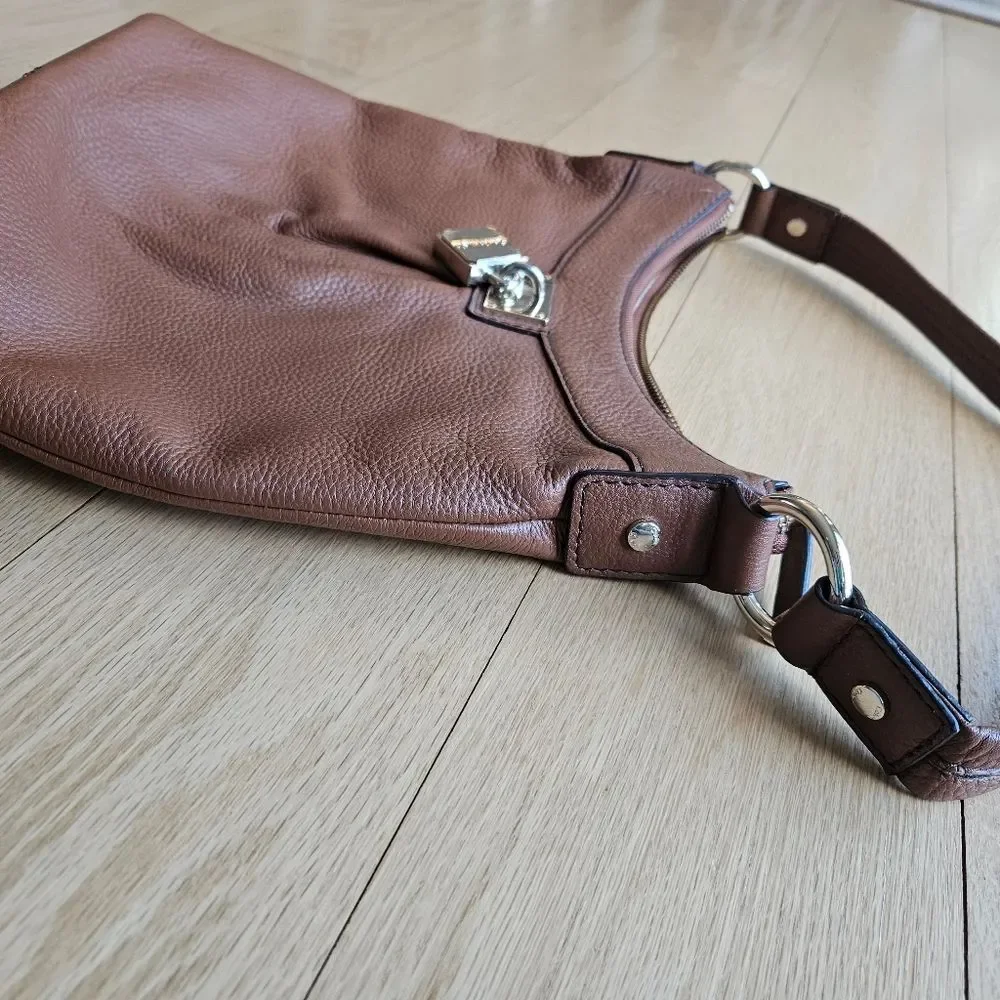 Calvin Klein‎ Brown Pebbled Leather Padlock Hobo Small Shoulder Tote Bag